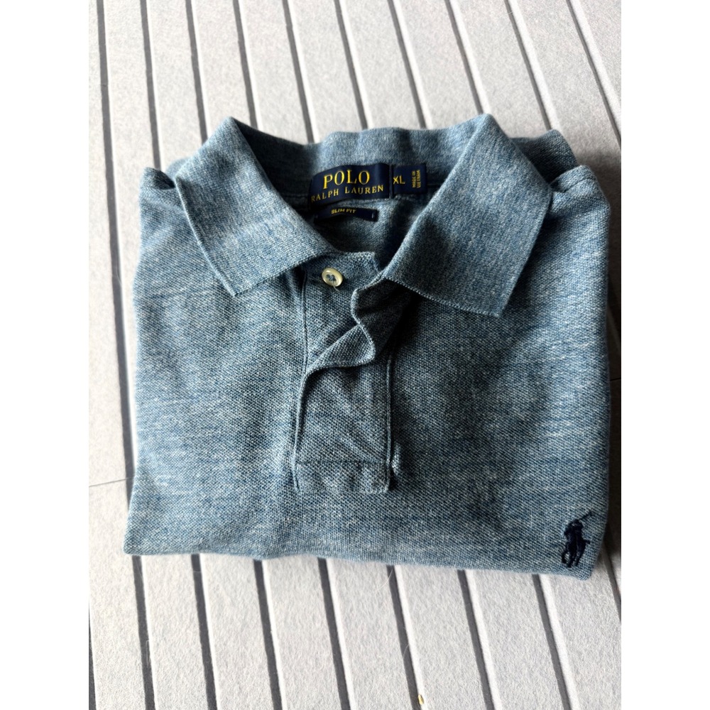 Polo Ralph Lauren Mens XL Slim Fit Long Sleeve Polo Shirt Blue Heathered Knit - Picture 2 of 6